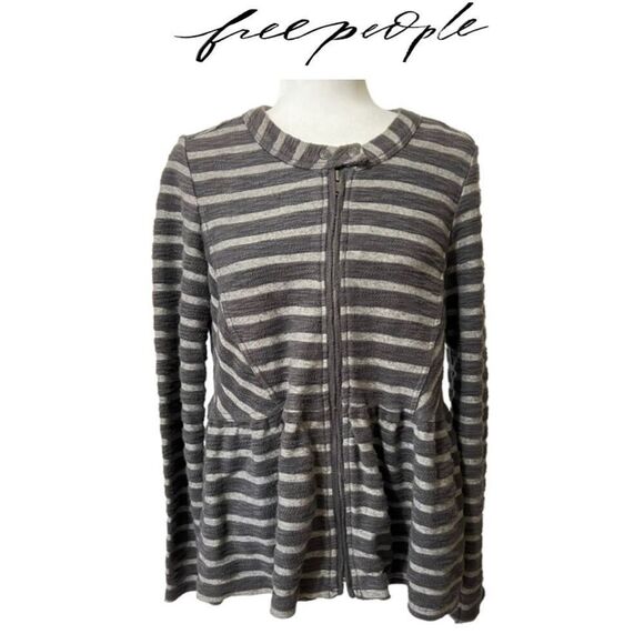 FREE PEOPLE Gray striped peplum sweater jacket Size Small zip up cotton blend - Picture 1 of 11